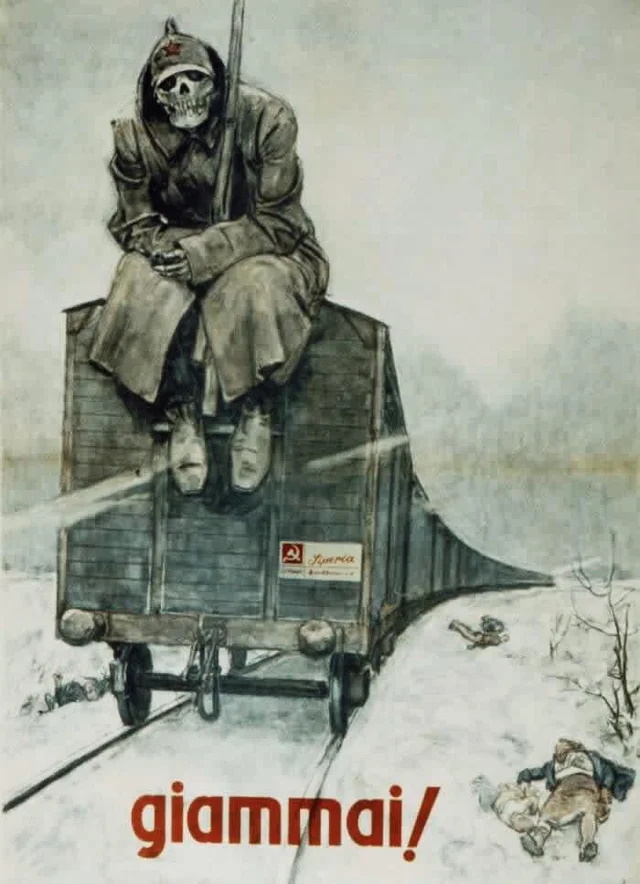 Włoski plakat propagandowy z okresu II wojny światowej przedstawiający deportację na Syberię. Rzeczywistość wyglądała bardzo podobnie. 