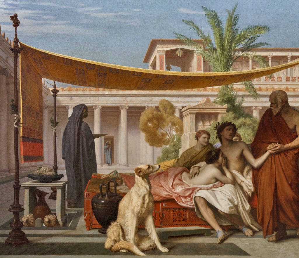 Wyobrażenie wewnętrznego dziedzińca ateńskiej rezydencji na obrazie Jeana-Léona Gérôme'a Sokrates szukający Alkibiadesa w domu Aspazji (domena publiczna).