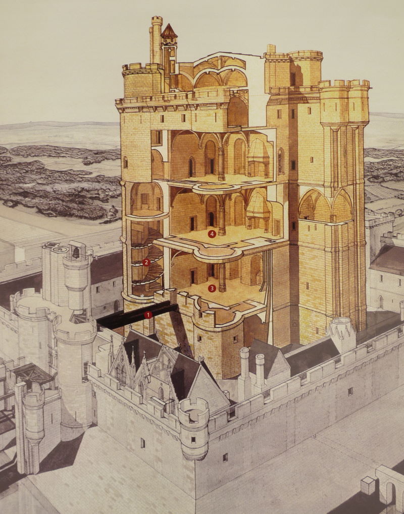 Château de Vincennes - przekrój wewnętrzny. Fotografia jednej z tablic ekspozycji w zamku