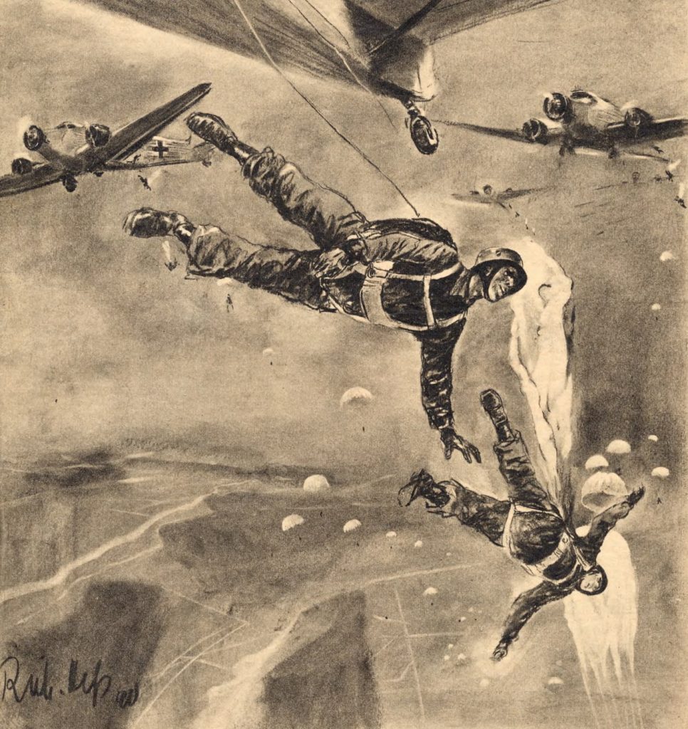Desant niemieckich spadochroniarzy w maju 1940 roku na rysunku z tygodnika "Der Adler" (domena publiczna).