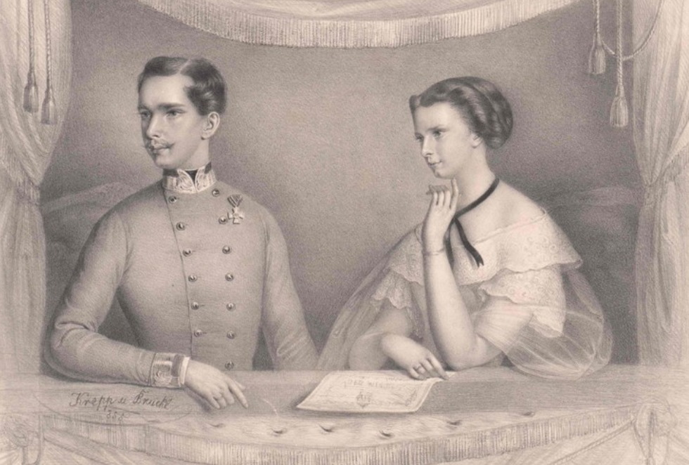 Franciszek Józef i Sisi. Grafika z 1855 roku.