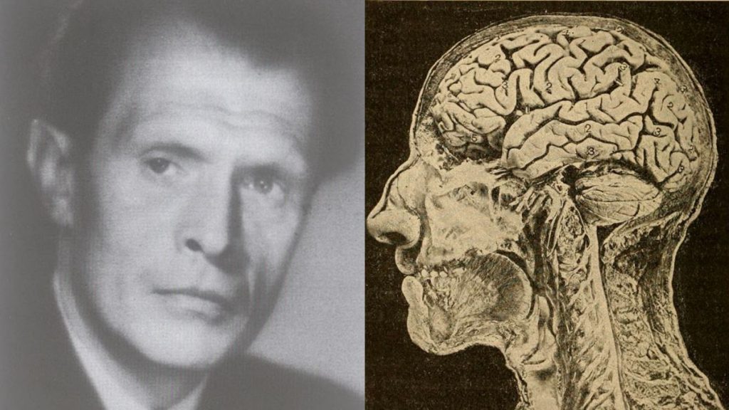 Jerzy Choróbski i diagram mózgu z początku XX wieku.