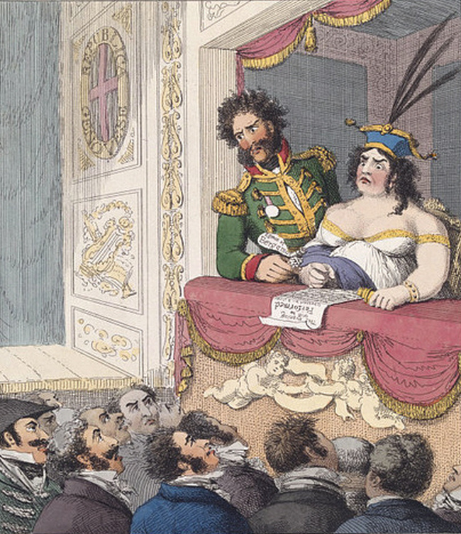 Karykatura z czerwca 1821 roku przedstawiająca królową Karolinę z Bartolomeo Pergamim (domena publiczna).
