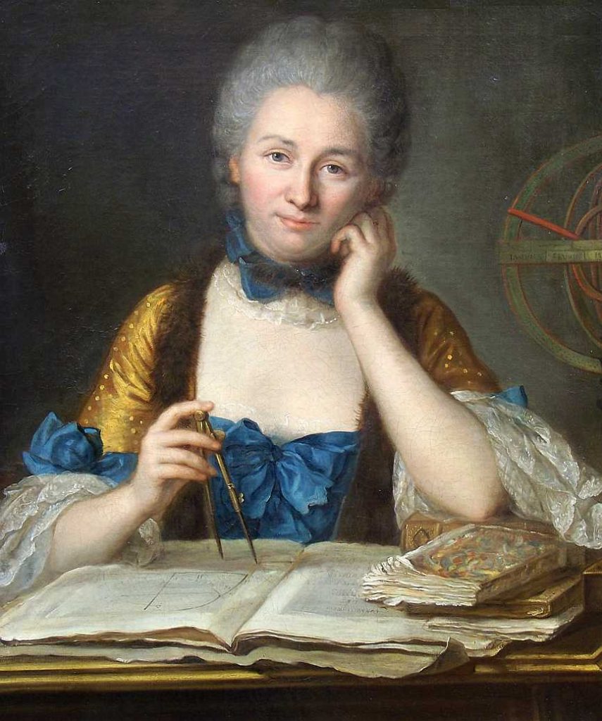 Markiza du Châtelet przy biurku. Portret pędzla Maurice'a Quentina de La Tour (domena publiczna).