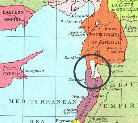 Państwo Asasynów na mapie Ziem Świętej z okresu krucjat opublikowanej w 1911 roku.