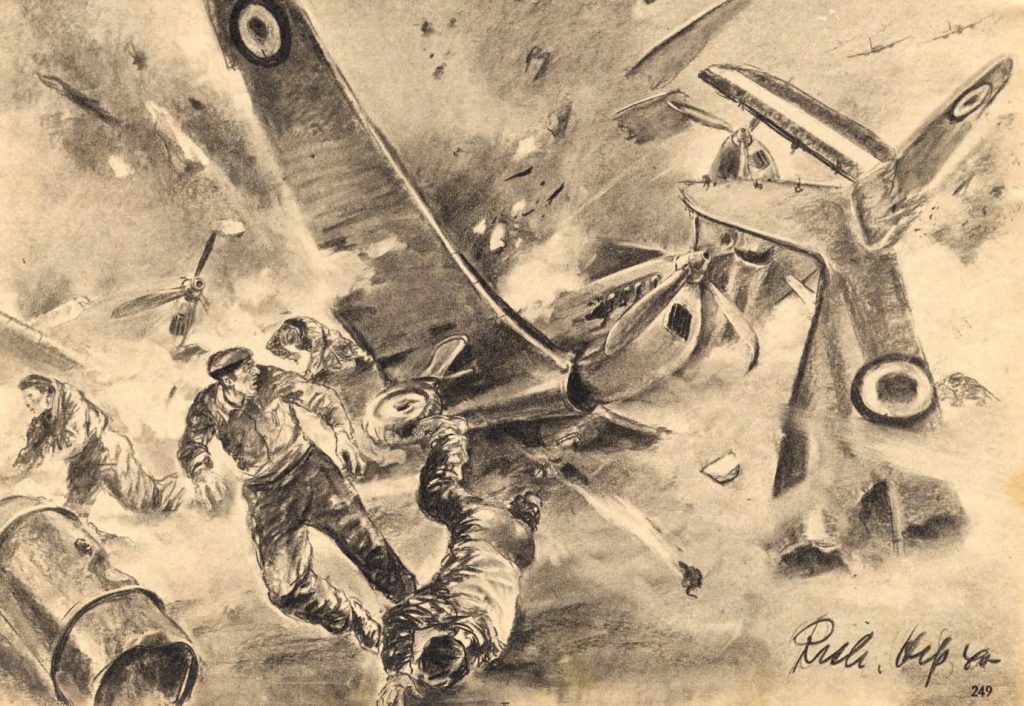 Propagandowy rysunek zamieszczony w jednym z majowych numerów tygodnika „Der Adler” przedstawiający skutki ataku Stukasów na lotnisko wroga (domena publiczna).