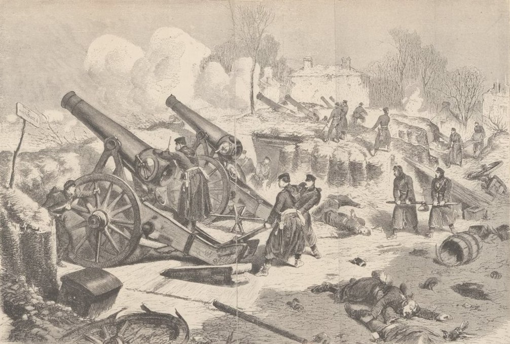 Rysunek przedstawiający niemiecką artylerię ostrzeliwującą Paryż (domena publiczna).