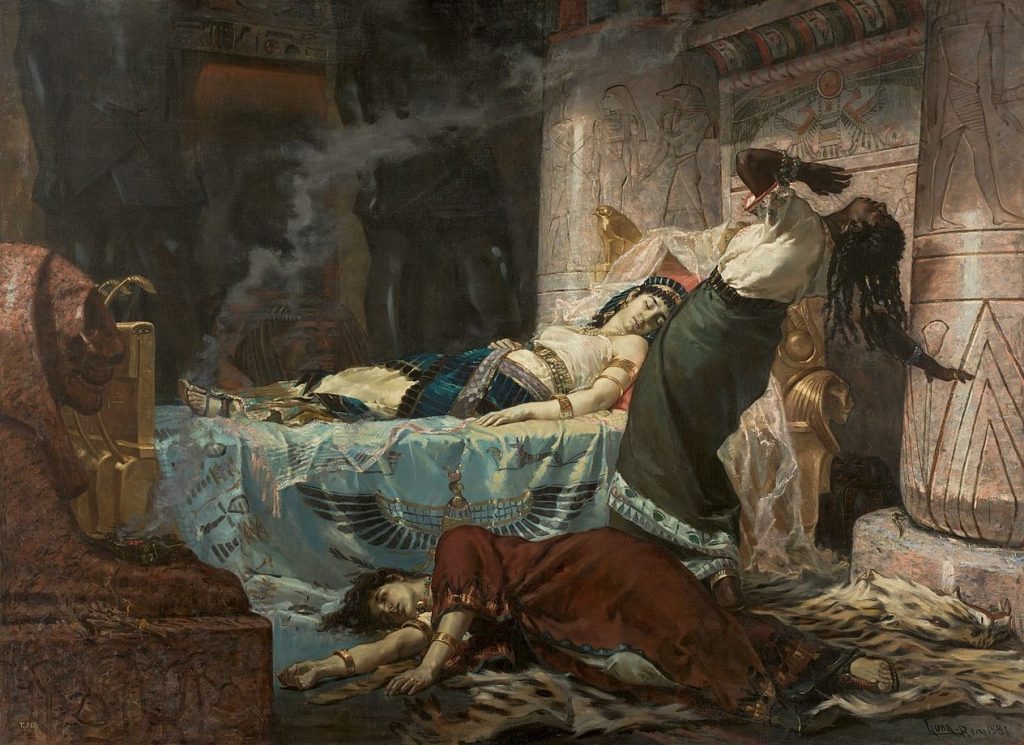 Tak śmierć Kleopatry wyobrażał sobie XIX-wieczny malarz Juan Luna (domena publiczna).