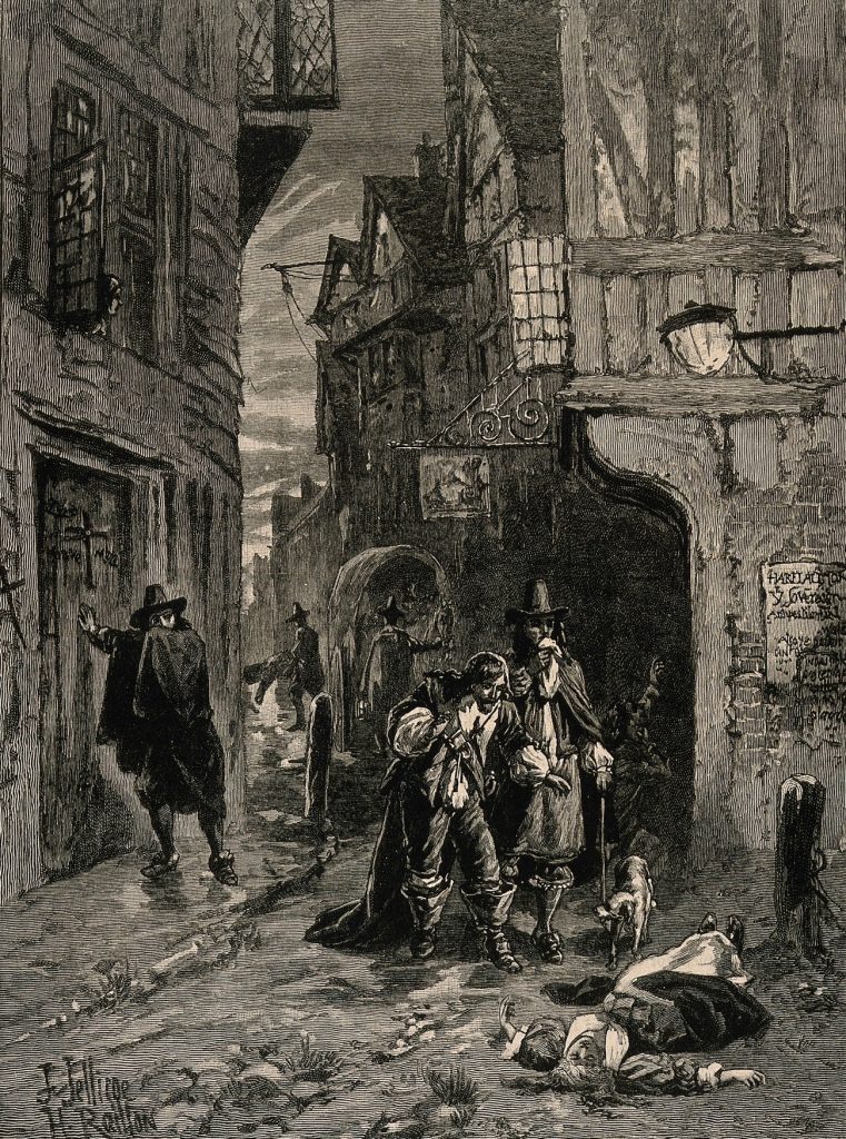 Zatkane pory miały rzekomo chronić przed morowym powietrzem. Na ilustracji odkrycie ofiary wielkiej zarazy w Londynie z lat 1665–1666 (Wellcome Images/CC BY 4.0).