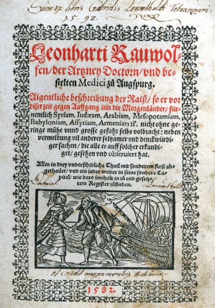 Karta tytułowa dzieła Leonharda Rauwolfa, w którym opisał swoje wrażenia z podróży po Bliskim Wschodzie (domena publiczna).
