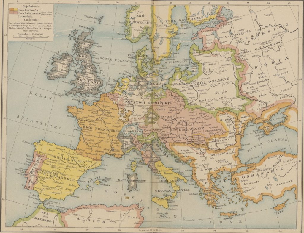 Mapa przedstawiająca Europę w pierwszej połowie XVIII wieku (Friedrich Wilhelm Putzger/domena publiczna).