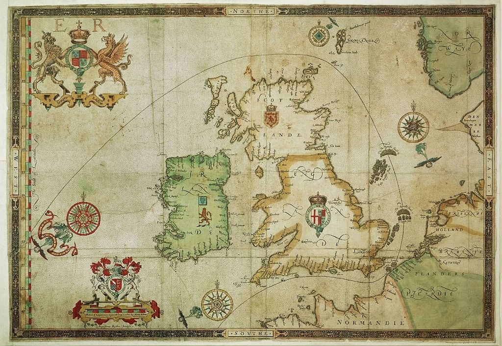 Mapa z końca XVI wieku przedstawiająca trasę Wielkiej Armady wokół Wysp Brytyjskich (domena publiczna).