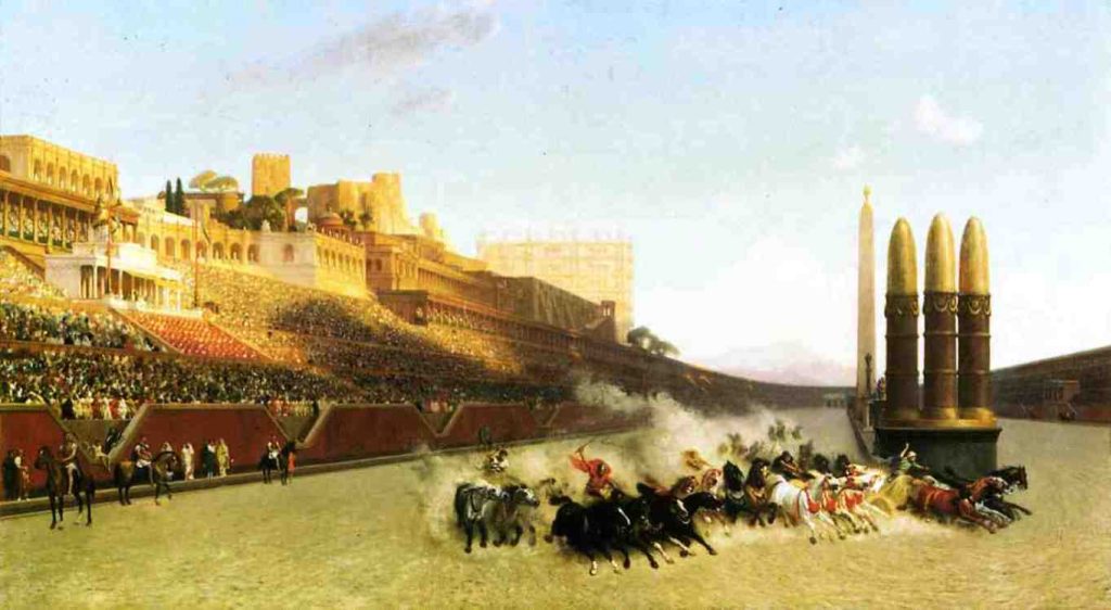 Pochodzące z XIX wieku wyobrażenie wyścigu rydwanów w Circus Maximus (Jean Léon Gérôme/domena publiczna).