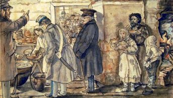 Rozdawanie żywności głodującym w Galicji. Grafika z połowy XIX wieku.