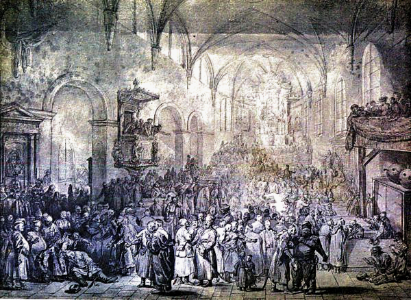 Rysunek Piotra Norblina przedstawiający sejmikującą w kościele szlachtę (domena publiczna).