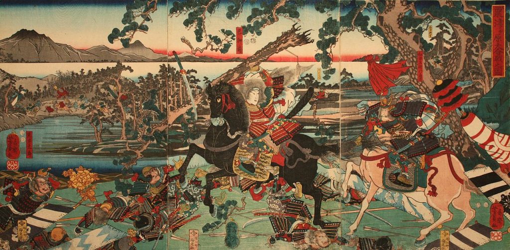 Tomoe Gozen w trakcie bitwy pod Awazu (Utagawa Yoshikazu/domena publiczna).