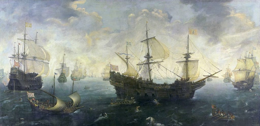 Wielka Armada u wybrzeży Anglii. Obraz pędzla Cornelisa Claesza van Wieringena z początku XVII wieku (domena publiczna).