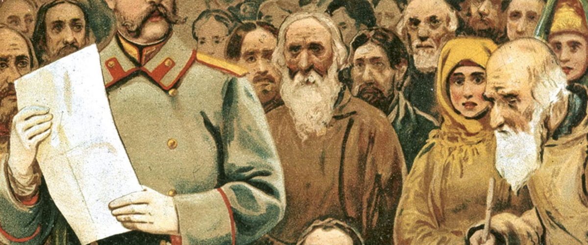 Car Aleksander II ogłasza uwłaszczenie chłopów. Litografia XIX-wieczna.