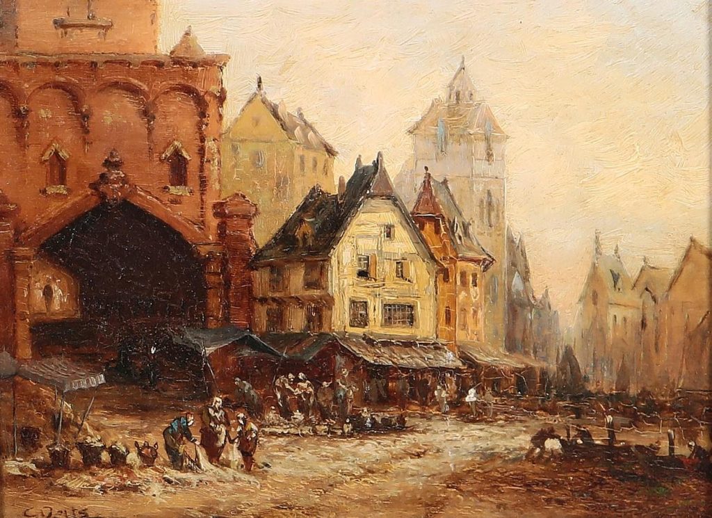 Centrum średniowiecznego miasta w wyobrażeniu XIX-wiecznego malarza (domena publiczna).