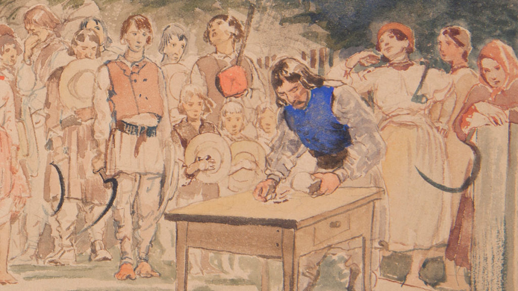 Chłopi oczekujący na zapłatę na folwarku. Grafika XIX-wieczna