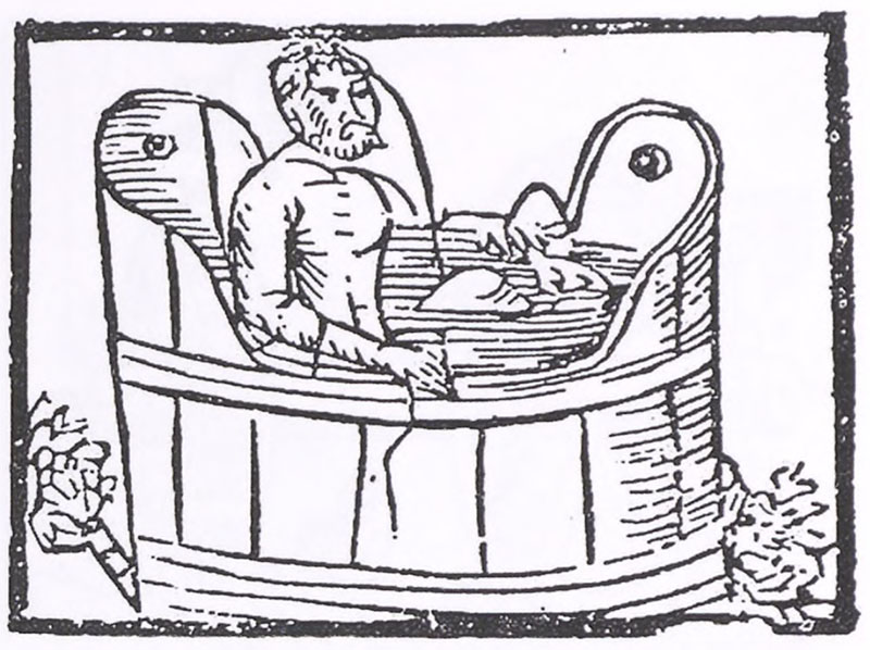 Drewniana wanna kąpielowa ukazana na rycinie z "Żywotu filozofów" Marcina Bielskiego. Rok 1535.