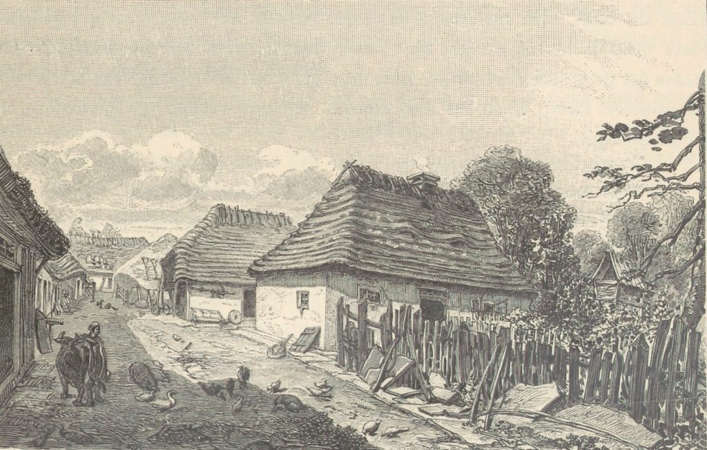 Galisyjska wieś na rysunku z końca XIX wieku (domena publiczna).
