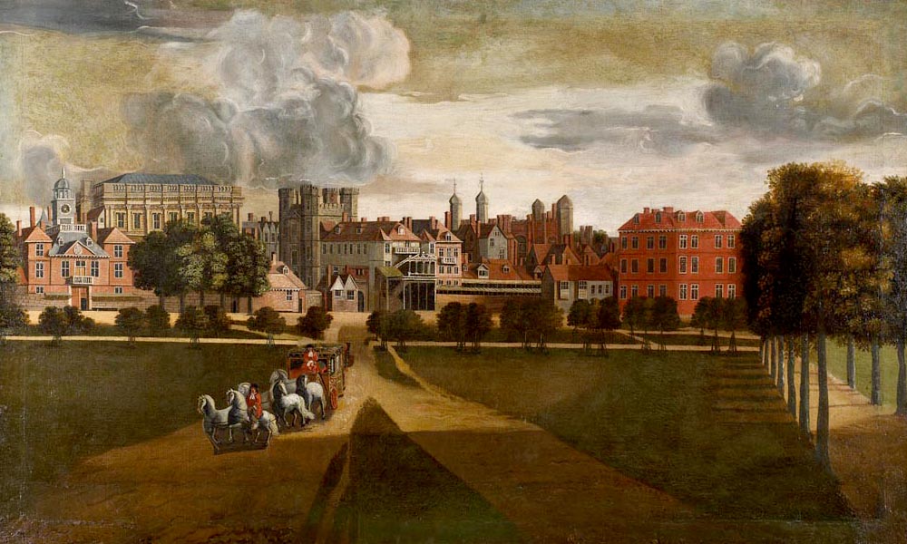 Pałac Whitehall na XVII wiecznym obrazie Hendricka Danckertsa (domena publiczna).