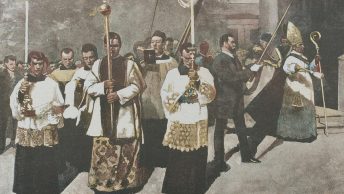 Procesja kościelna z drugiej połowy XIX wieku. Grafika prasowa