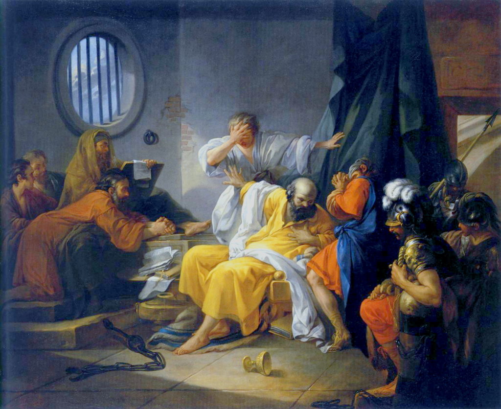 Śmierć Sokratesa (Jacques-Philippe-Joseph de Saint-Quentin/domena publiczna).
