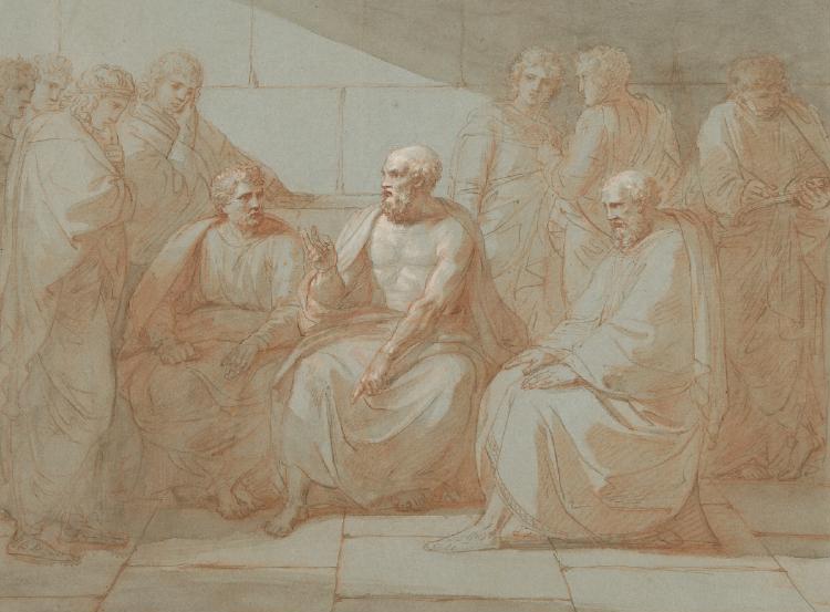 Sokrates i jego uczniowie w wyobrażeniu Josefa Abla (domena publiczna).