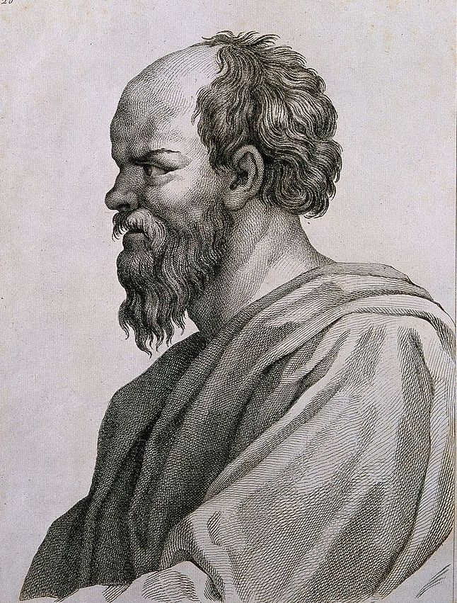 Sokrates w wyobrażeniu Rafaela Santiego (domena publiczna).