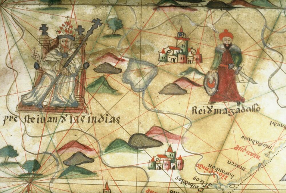(Zmyślony) władca Indii Prezbiter Jan na hiszpańskiej mapie z XVI wieku.