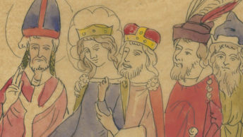 Monarcha z córką. Grafika XIX-wieczna na podstawie miniatury z XIV stulecia