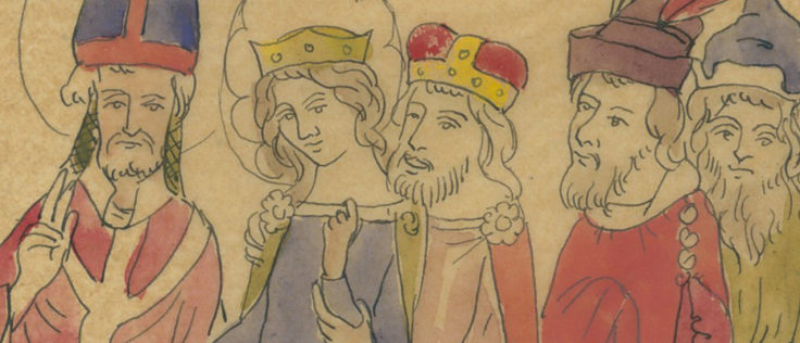 Monarcha z córką. Grafika XIX-wieczna na podstawie miniatury z XIV stulecia