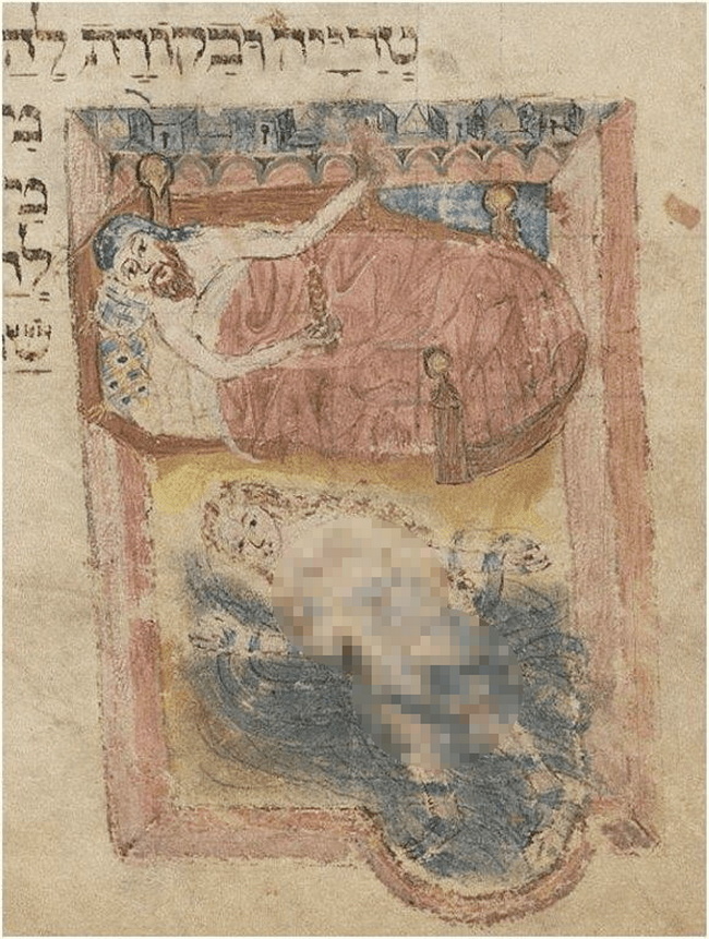 Rytualna kąpiel na ilustracji z XV-wiecznego żydowskiego manuskryptu (domena publiczna),