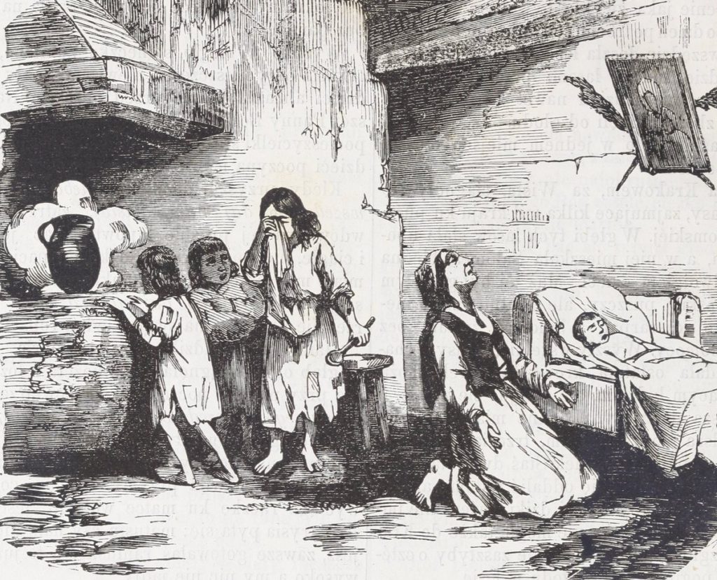 W XIX-wieku nawet połowa wiejskich dzieci umierała zanim osiągnęła pełnoletność. Na ilustracji rysunek przedstawiający matkę płacząca na działem zmarłego dziecka (domena publiczna).