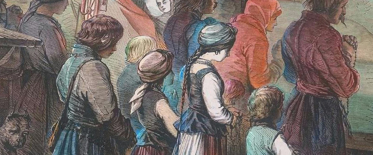 Wieczorna modlitwa w chłopskiej chacie. Grafika XIX-wieczna
