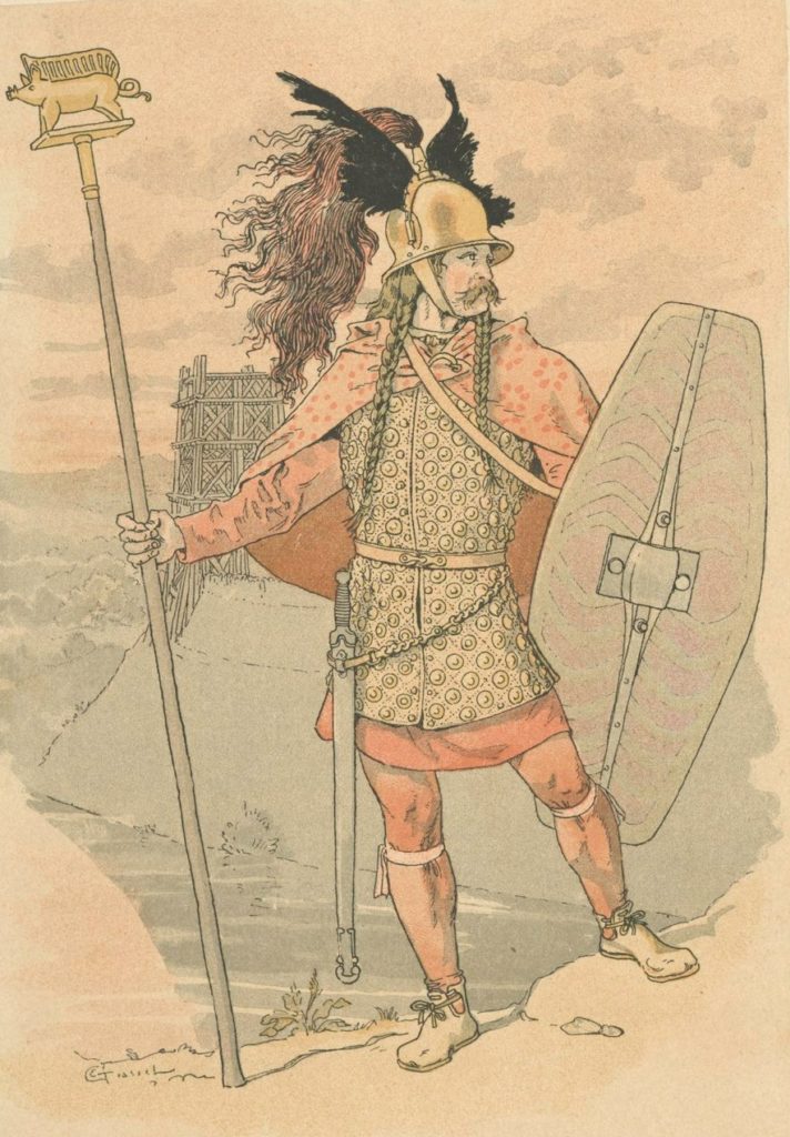 Wyobrażenie galijskiego wodza na XIX-wiecznym rysunku (domena publiczna).