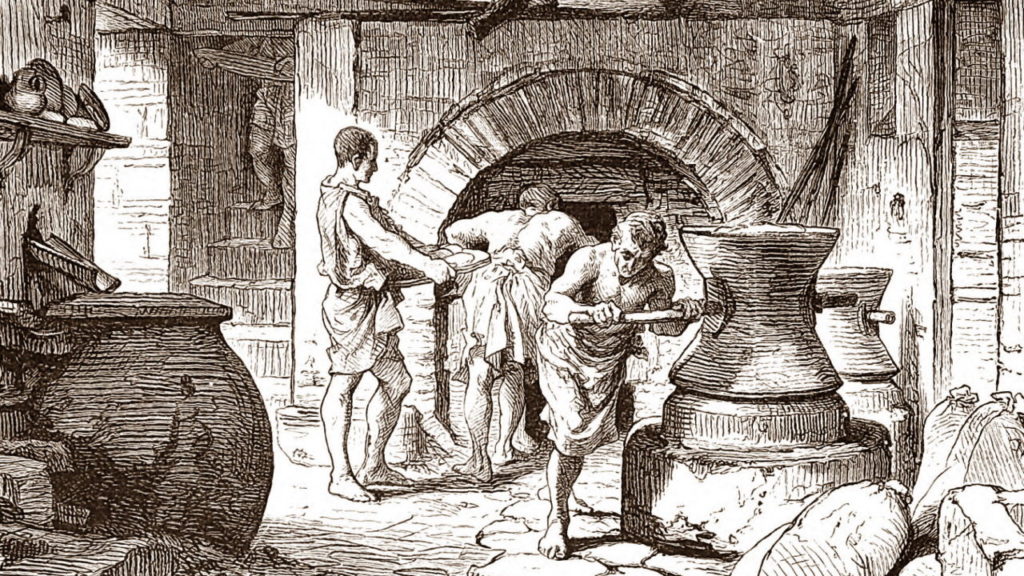 Starożytna rzymska piekarnia w wyobrażeniu XIX-wiecznego artysty (domena publiczna).