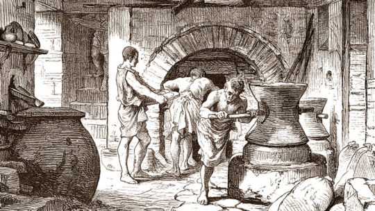 Starożytna rzymska piekarnia w wyobrażeniu XIX-wiecznego artysty (domena publiczna).