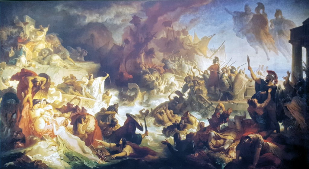 Bitwa pod Salaminą w wyobrażeniu Wilhelma von Kaulbacha. Artemizja widoczna w lewym dolnym rogu strzela z łuku (domena publiczna).