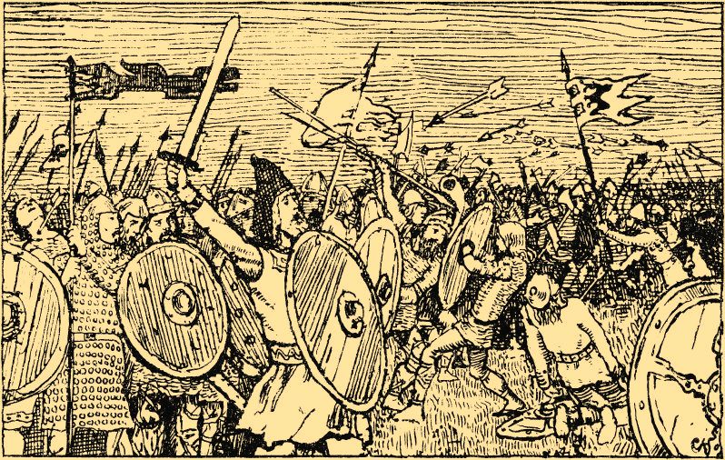Bitwa pod Fitjar w wyobrażeniu Christiana Krohga (domena publiczna).