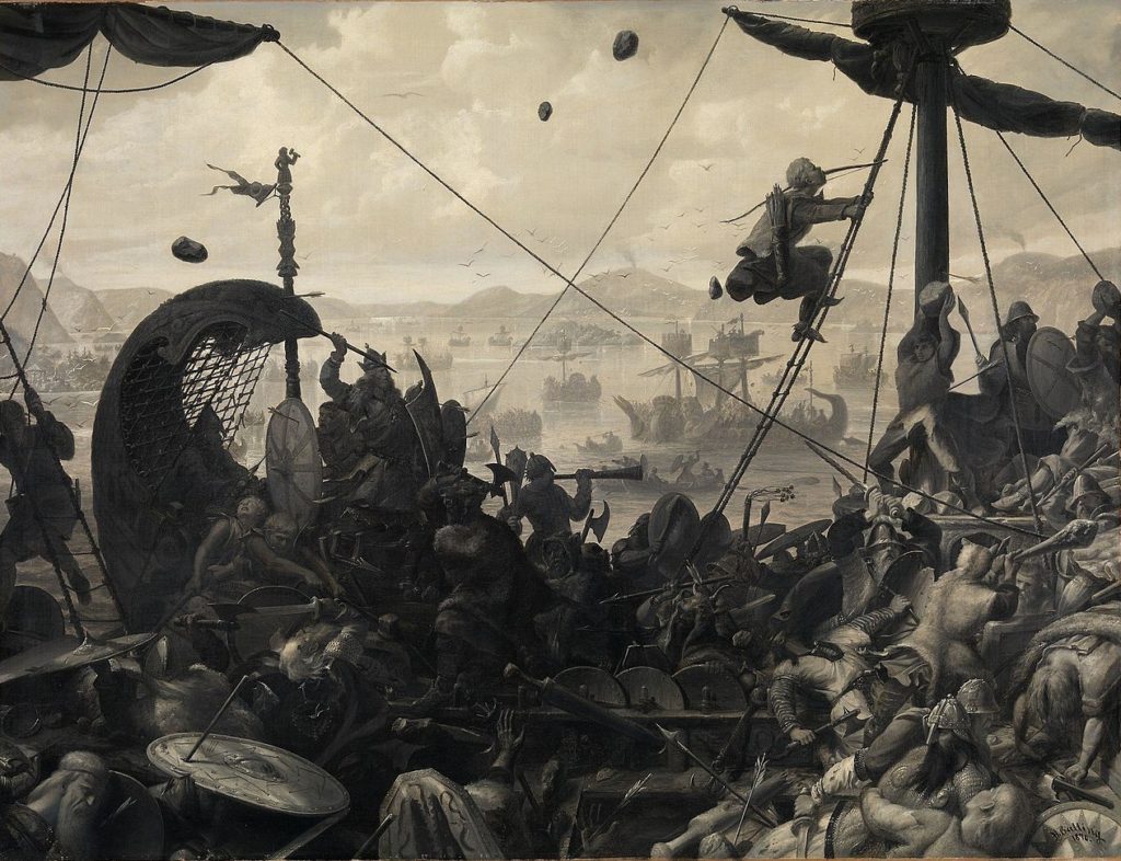Bitwa pod Hafrsfjord w wyobrażeniu XIX-wiecznego malarza Petera Hansena Ballinga (domena publiczna).