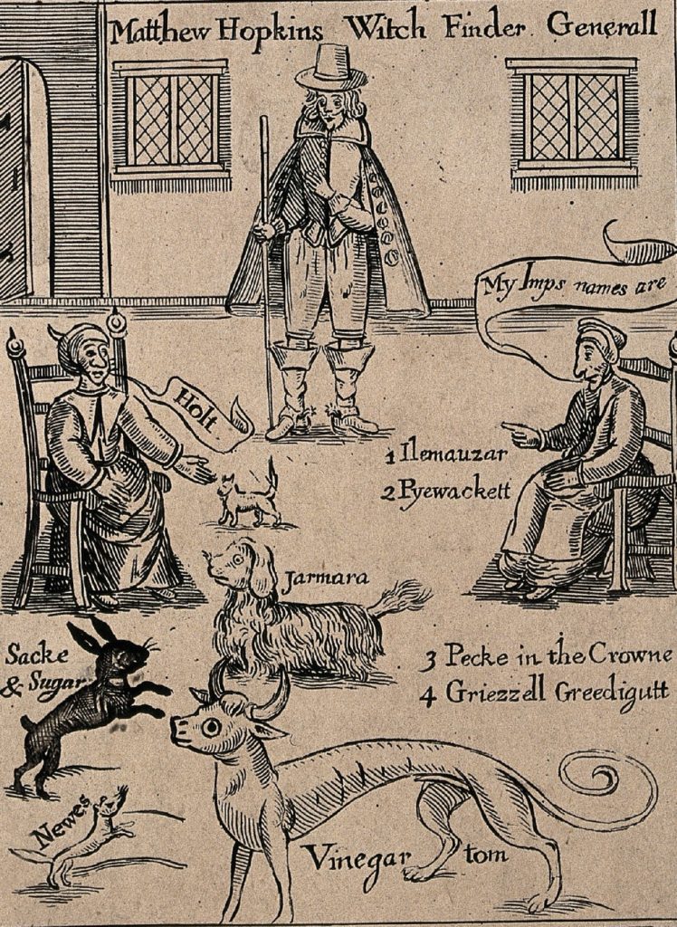 Pochodząca z XVII wieku rycina przedstawiająca Elizabeth Clarke wymieniającą imiona demonów zaklętych w jej własne zwierzęta domowe (domena publiczna).