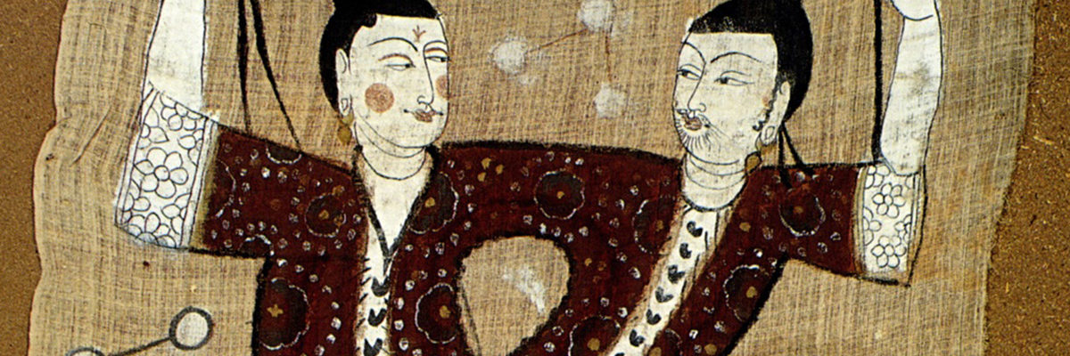 Fu Xi i Nü Wa. Dwóch Jaśniejących na tkaninie eksponowanej w