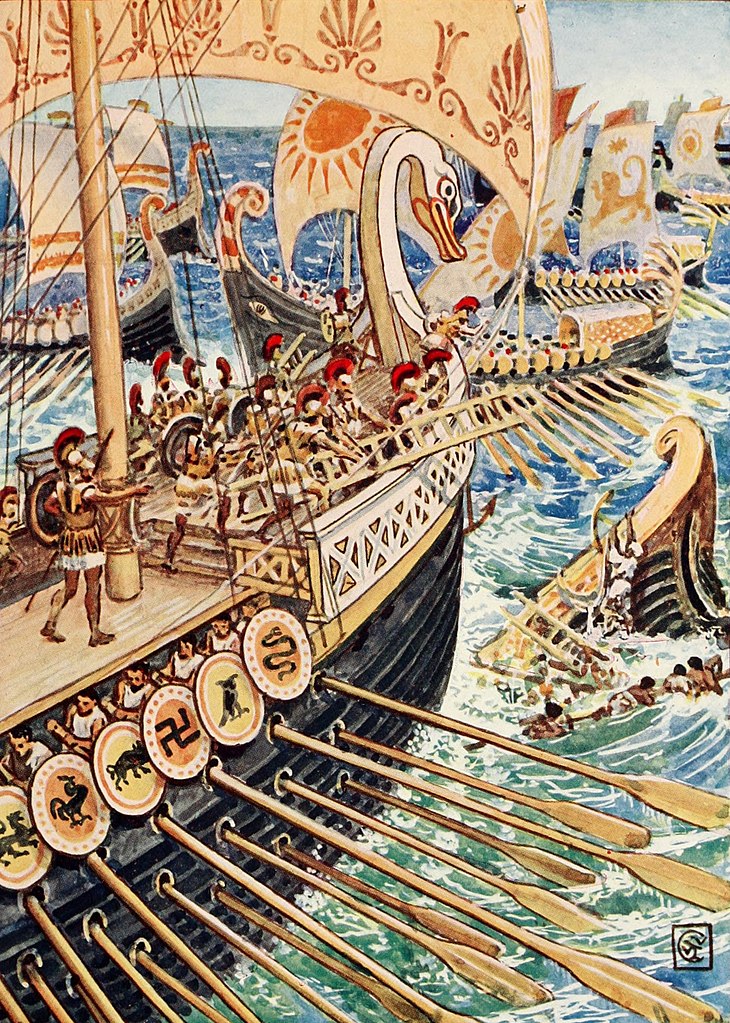 Ilustracja autorstwa Waltera Crane'a przedstawiająca wyobrażenie bitwy pod Salaminą (domena publiczna).