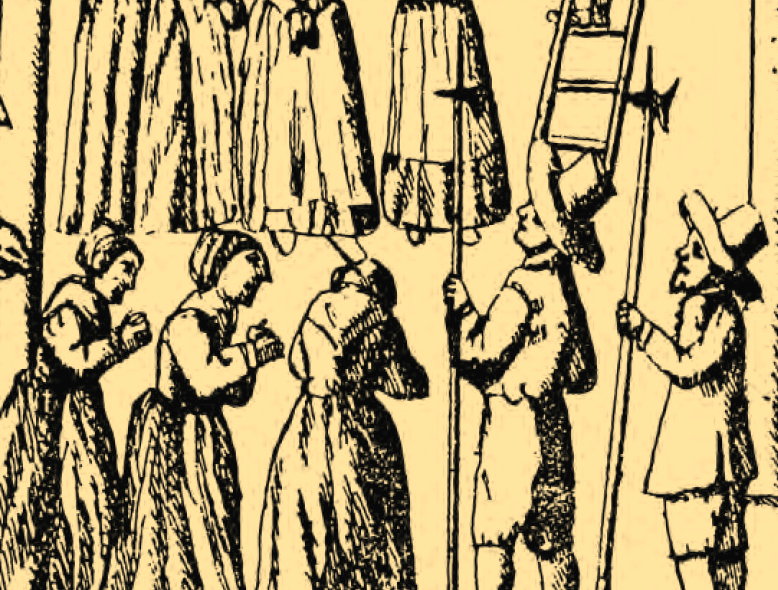 Kobiety skazane za czary czekające na powieszenie. Angielski drzeworyt z XVII wieku (domena publiczna).
