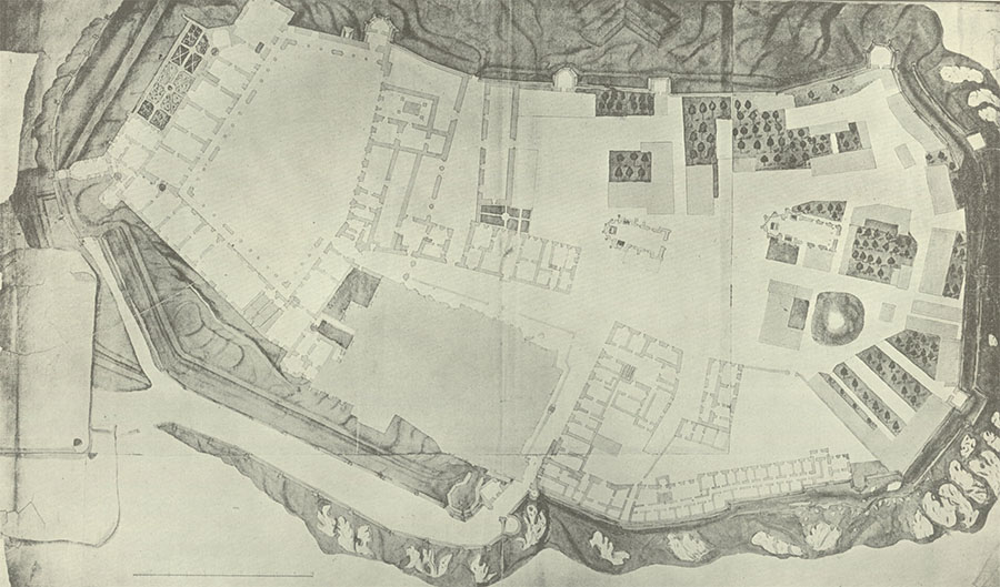 Plan sytuacyjny Wawelu z czasów Augusta II. Zarys bryły pałacu widoczny z lewej strony.
