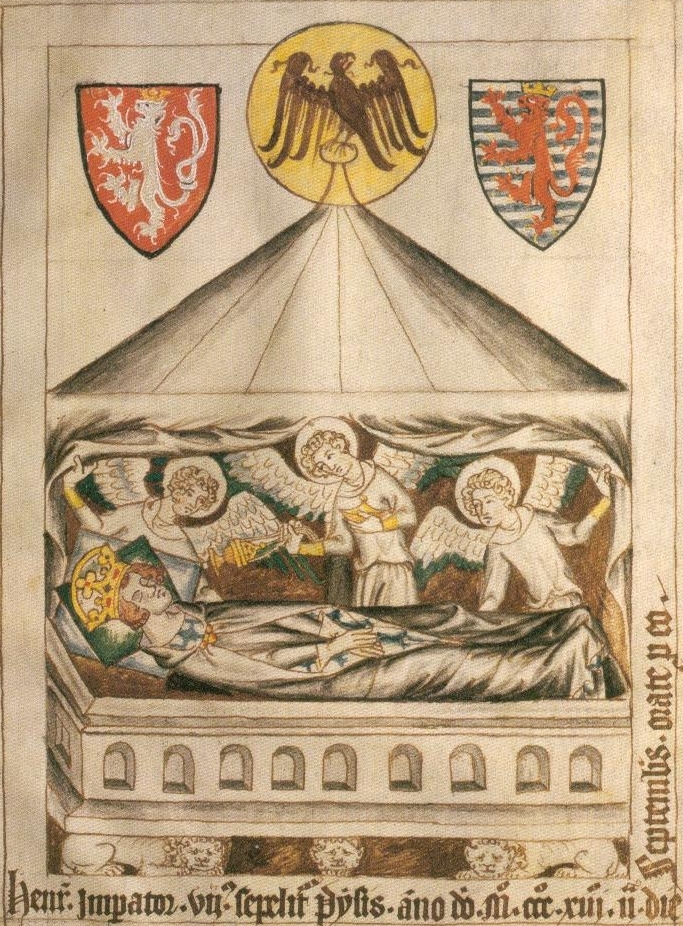 Pochodzące z XIV wieku przedstawienie śmierci Henryka VII Luksemburskiego (domena publiczna).