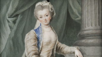 Portret Izabeli Czartoryskiej w stroju stylizowanym na wiejską pasterkę.